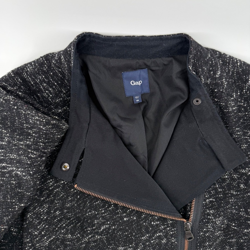 Gap Womens‎ Black White Tweed Moto Jacket Asymmetrical Blazer XS Zipper Pockets